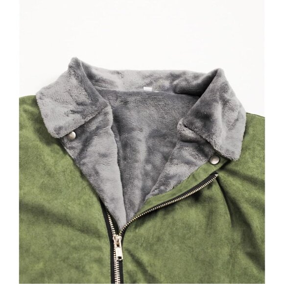 Adhdyuud Mens Faux Suede & Faux Fur Green Biker Jacket XXL - Picture 8 of 9